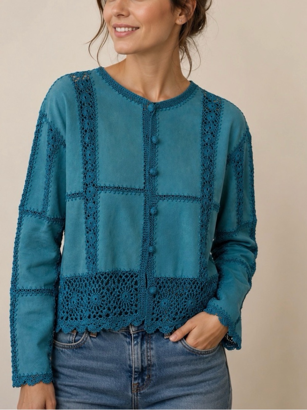Leather Crochet Jacket Teal Suede Women’s Sz Small Boho Festival Western Indie